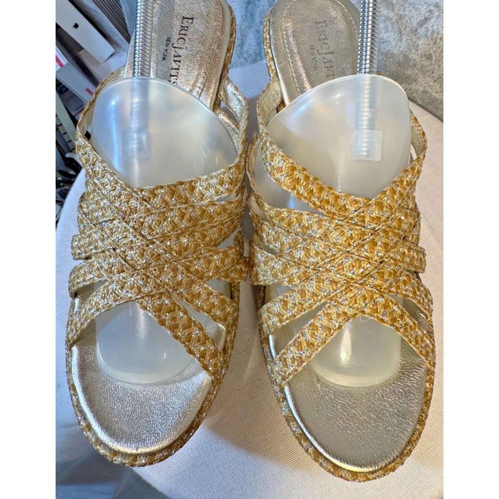 Eric Javits Women 10 M Edy Gold thread Wedge strappy Sandals Slip-On Open Toe